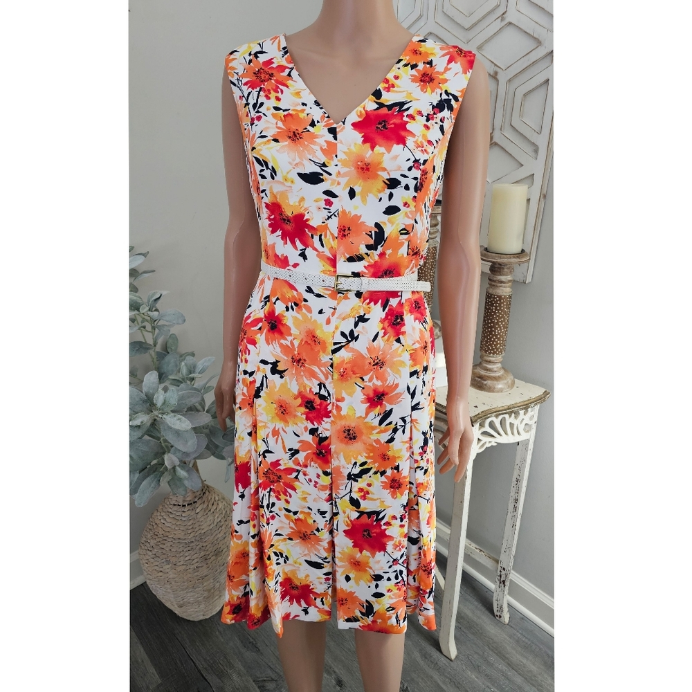 Jones NY Orange Floral V-neck Sleeveless Belted Dress